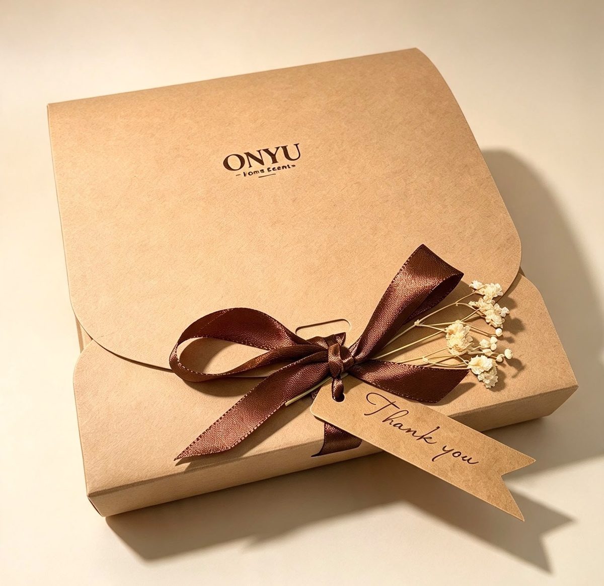 Kraft gift box tied with a brown satin ribbon and a hand-written thank you tag