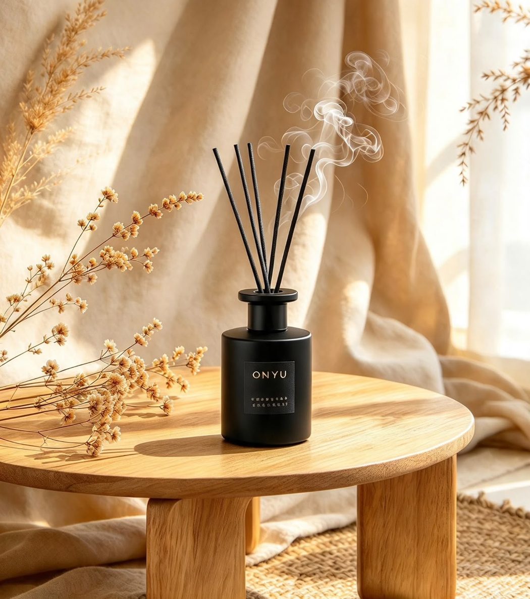 Black ONYU reed diffuser on a round wooden stand, with dried grasses and a linen curtain in afternoon sun