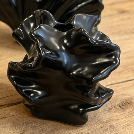 Black Flower vessel, deep gloss with ruffled petals
