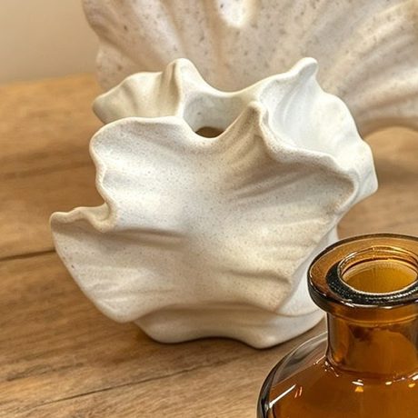 Stone Flower vessel, white ceramic with ruffled petals